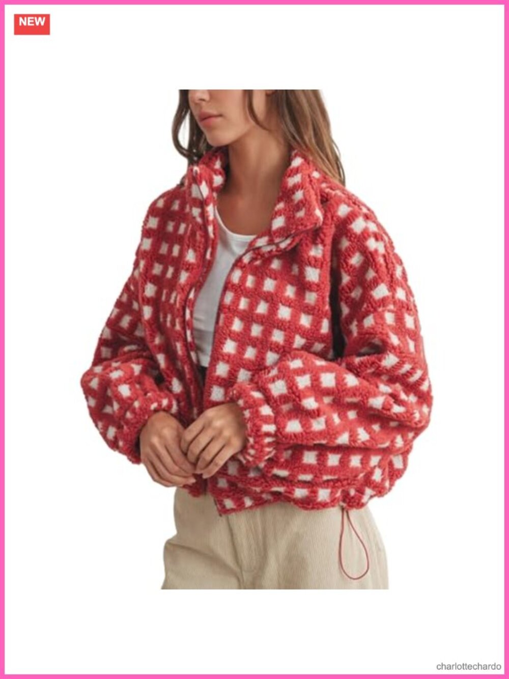 Womens Cropped Sherpa Fleece Jacket Plaid Gingham Zip Up Coat with Pockets